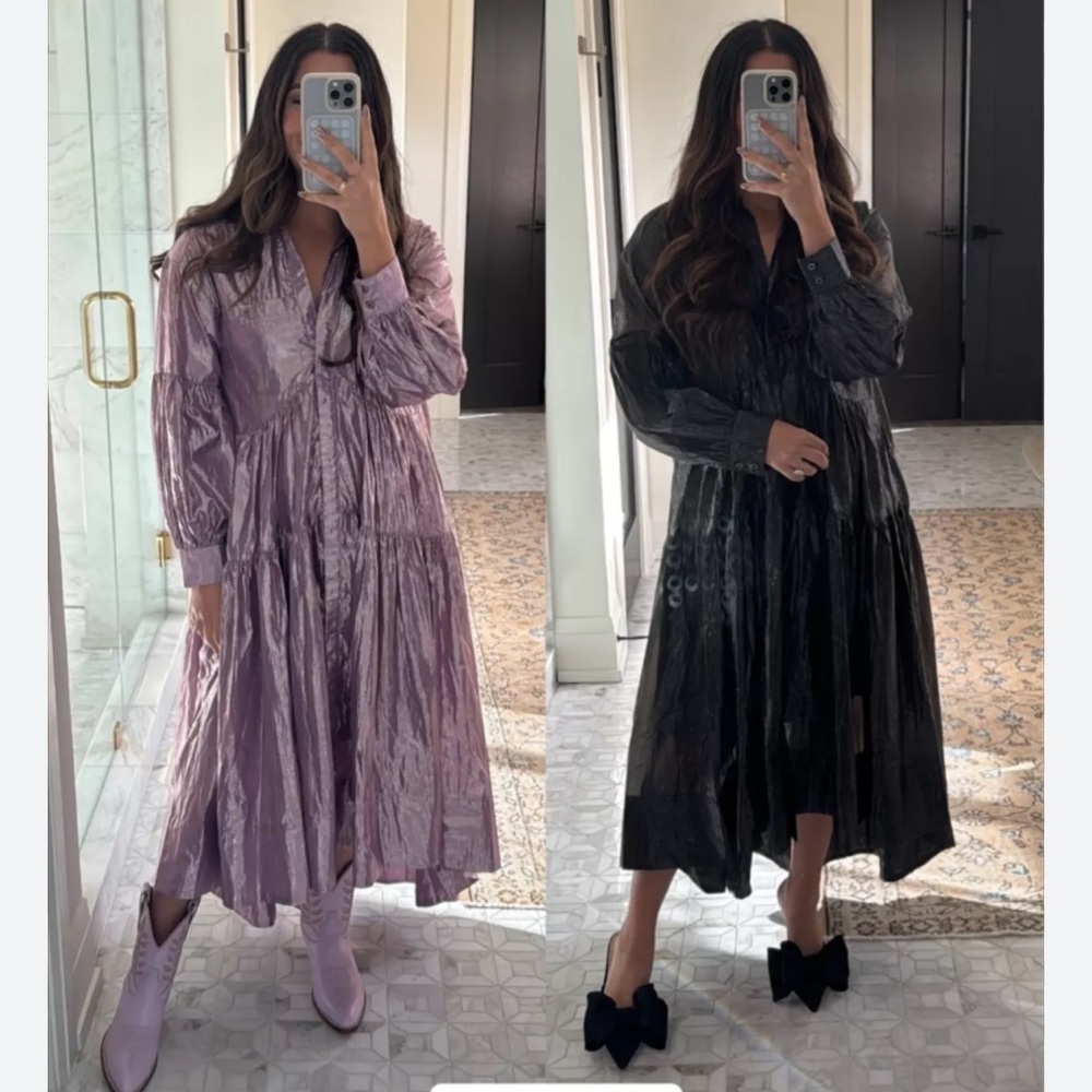 Anthropologie Pilcro Long-Sleeve V-Neck Metallic High-Low Dress in Lilac - Picture 4 of 13